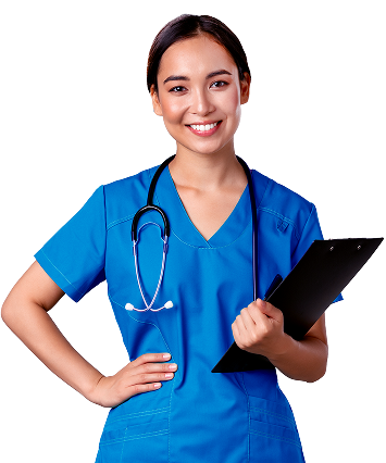 Smiling nurse in blue scrubs with clipboard